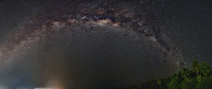 galáxia, Via Láctea, à noite, vista panorâmica, céu, estrelas, árvores