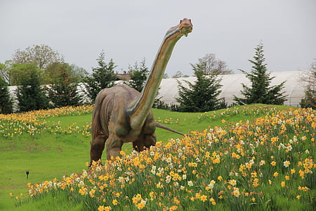 dinosaurio, Parque Jurásico, campo de flores, estatua de