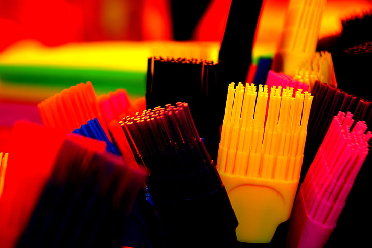 plastic, brush, color, yellow, red, dark purple, pink