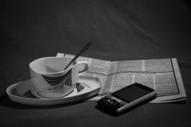 coffee, newspaper, phone, still life, bw, monochrome