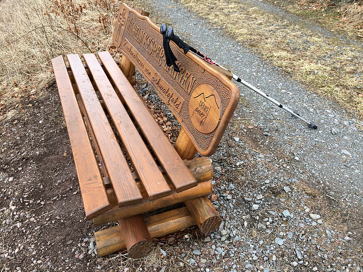 park bench, hike, leki, hiking poles