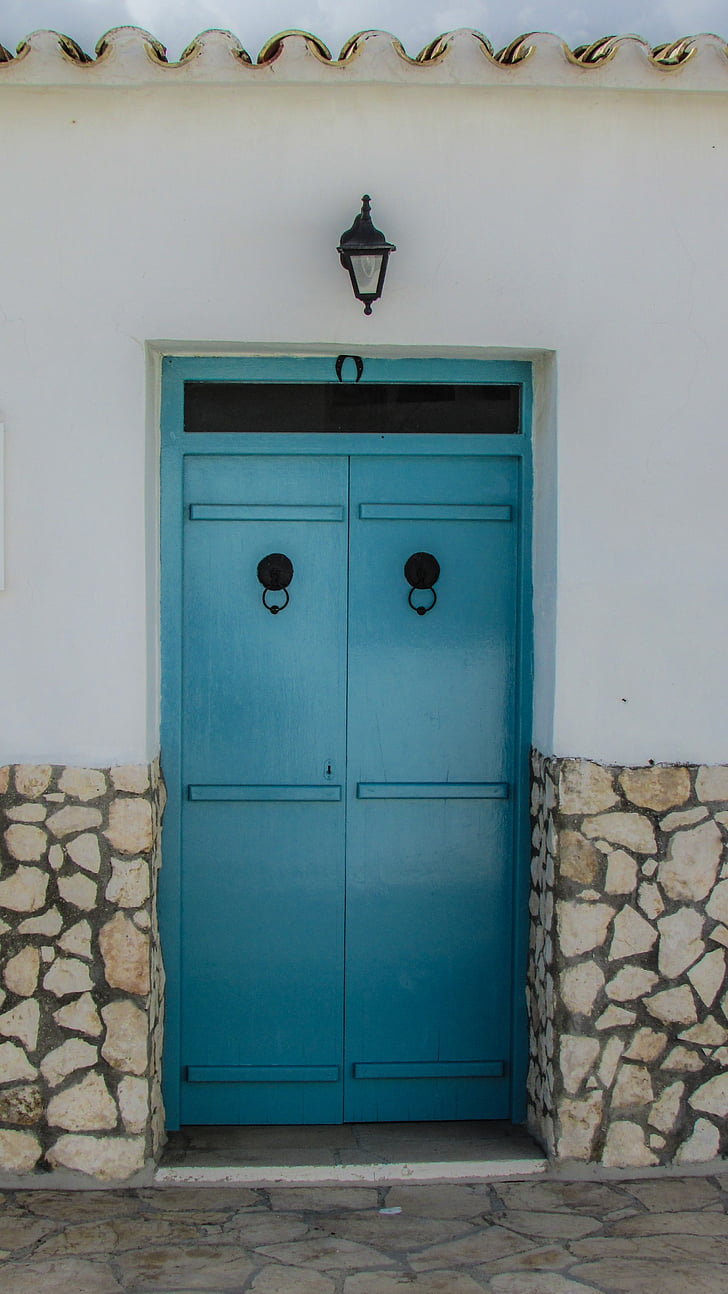 Xipre, Paralimni, antiga casa, porta, tradicional, arquitectura, blau