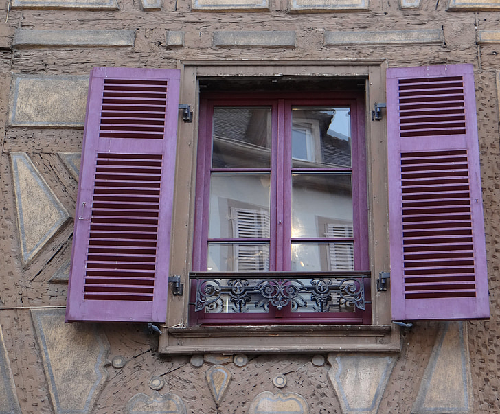 ventana, persianas, púrpura, espejado, casco antiguo, históricamente, Inicio