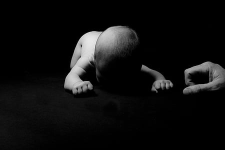 baby, black-and-white, child, crawling, cute, dark, hands