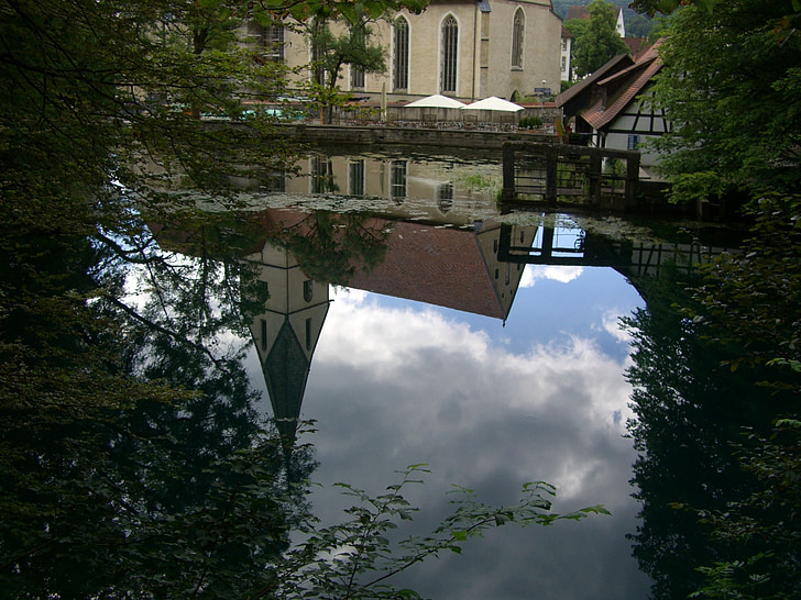 Summers, spiegelen, water, Seehausen, klooster, kerk, Steeple