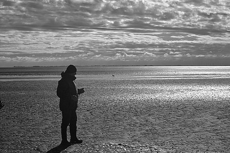 north sea, watts, black and white, nature, outdoors, people