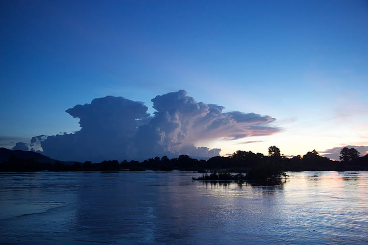 Λάος, ηλιοβασίλεμα, ο ποταμός Μεκόνγκ, μπλε, το βράδυ, φύση, Ασία