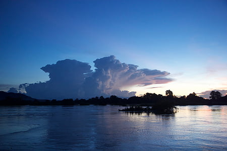 Лаос, Закат, Река Меконг, Голубой, вечером, Природа, Азия