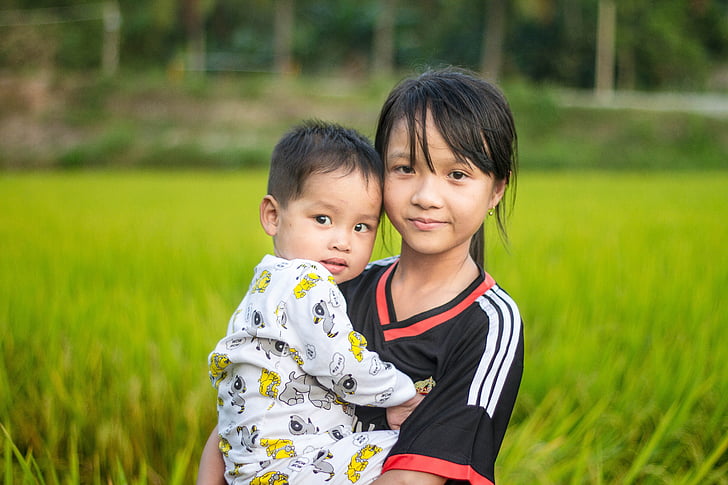 land, schattig, oog, kinderen, mooi, Vietnamees, twee mensen