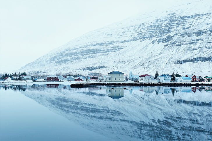buildings, cold, countryside, ice, lake, mountain, reflection
