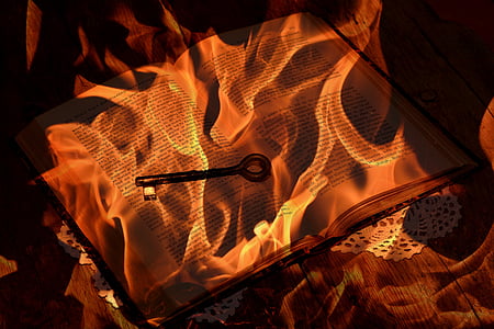 knjiga, pisave, ključ, ogenj, plamen
