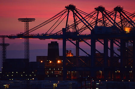 port, container port, industry, hafenanglage, sunset, sky, red