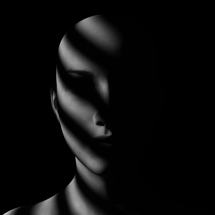 Portret, tweemaal blik, 320up, zwart-wit, duisternis, model, Studio