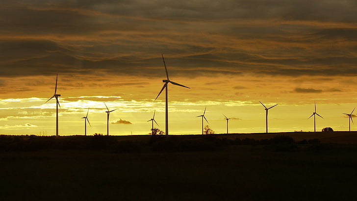 silhouet, Wind, turbine, wolken, Gouden, uur, windmolen