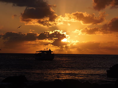 posta de sol, Fernando de noronha, platja, Mar, vaixell, Mar, natura