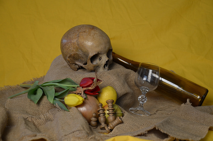 skull, flowers, bottle, glass, still life