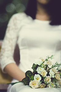 noiva, buquê de flores, rosas, menina, Branco, vestido de casamento, casamento