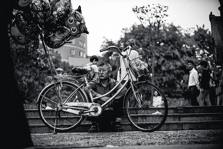 bicycle, the old man, outdoor