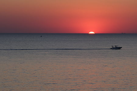 sea, sunset, summer, landscape, boat, sun, evening