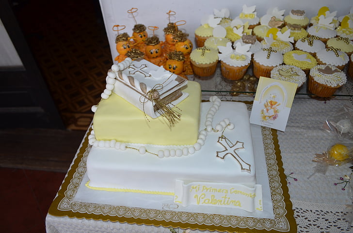причастя торт, кекс, білий і жовтий, Солодкий, весілля, святкування, торт