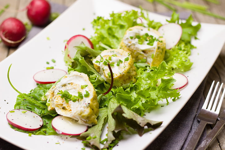 salad, leaf lettuce, radishes, egg, omelette, filled, easter