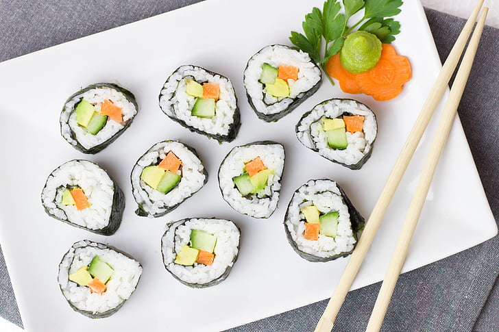 sushi, vegetarian, vegetables, rice, asia, carrot, cucumber