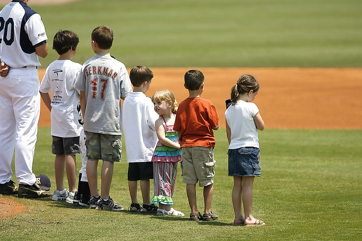 hymne national, match de baseball, amateurs de baseball, enfants, d’avant-match, terrain de baseball, baseball