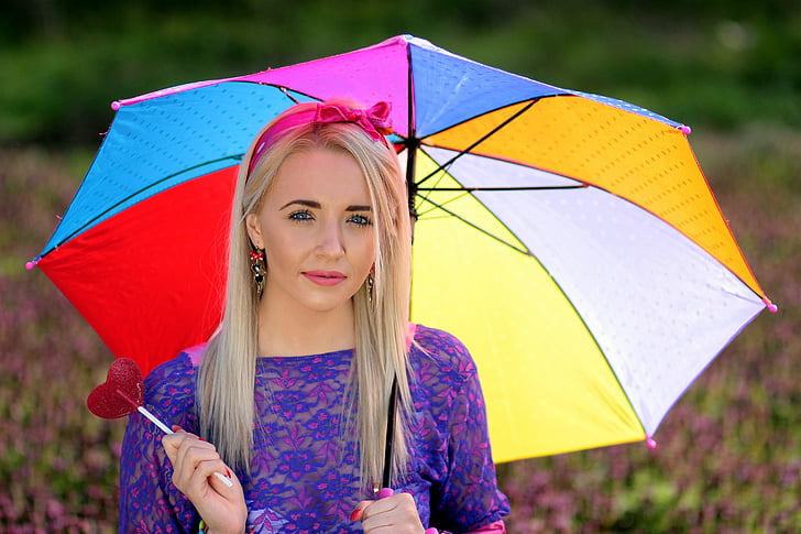 girl, umbrella, coloring, blonde, blue eyes, women, outdoors