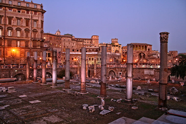 italy, rome, forum of trajan, night, ancient architecture, columns