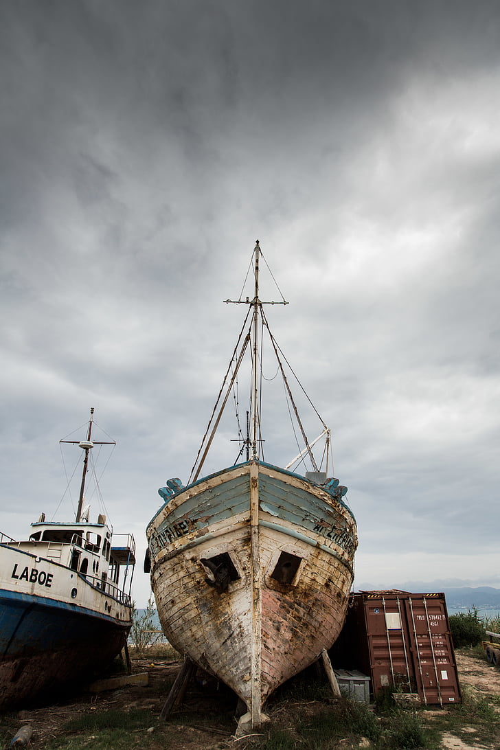abandoned, aging, boat, broken, coast, container, fishing