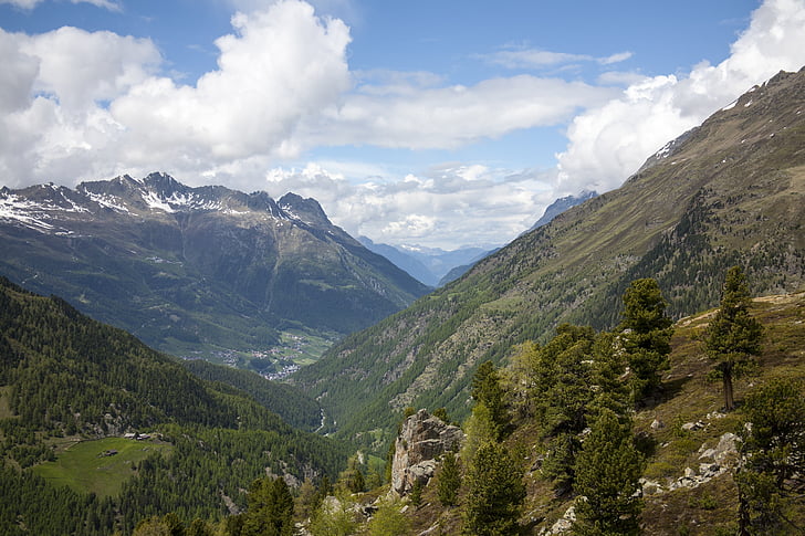 mountains, valley, austria, landscape, alpine, snow, clouds
