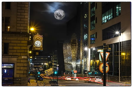 månen, stadsbild, staden, natt, Urban, arkitektur, Sky