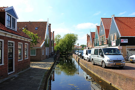 Hollandia, Volendam, csatornák, város, otthon, építészet, utca
