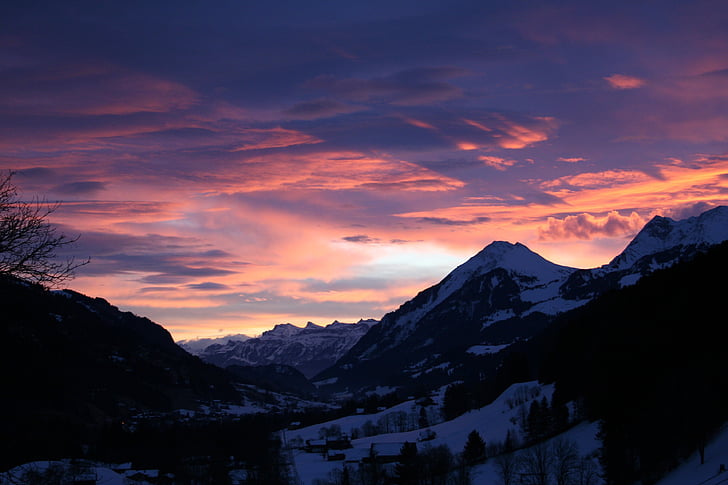 coucher de soleil, montagnes, Afterglow, ciel du soir, abendstimmung, Oberland bernois, Dim