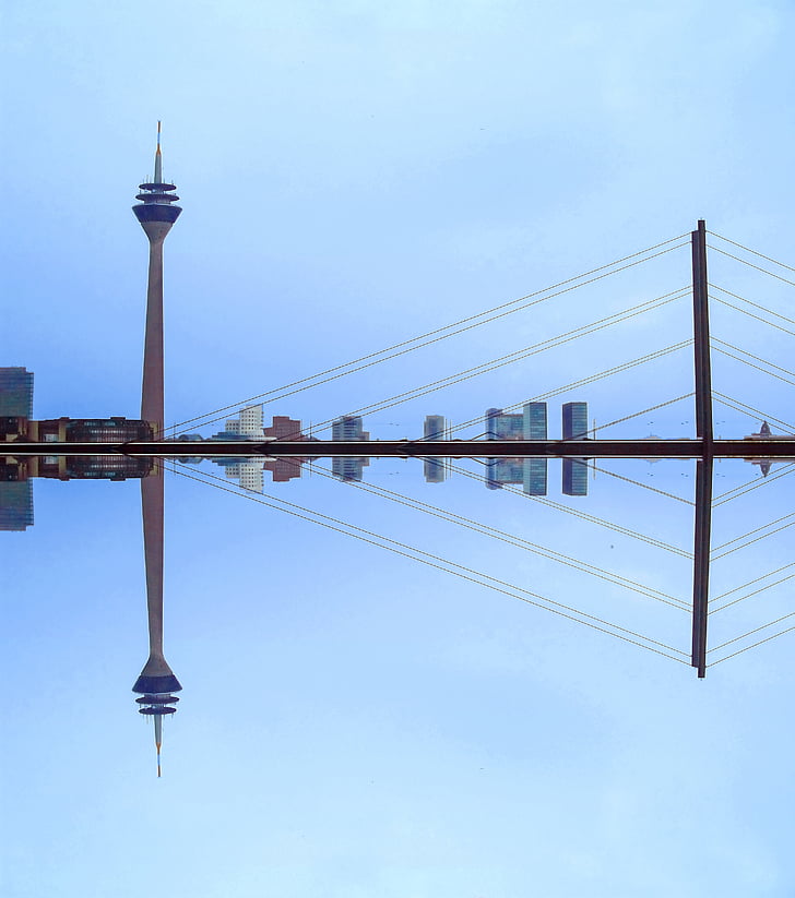 Düsseldorf, TV-tornet, Bridge, landmärke, Skyline, Transmission tower, minimalistisk