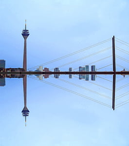 Düsseldorf, Torre de la TV, puente, punto de referencia, Skyline, Torre de transmisión, minimalista