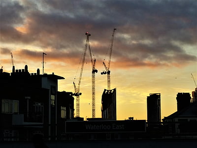soluppgång, tranor, London, Sky, moln, konstruktion, morgon