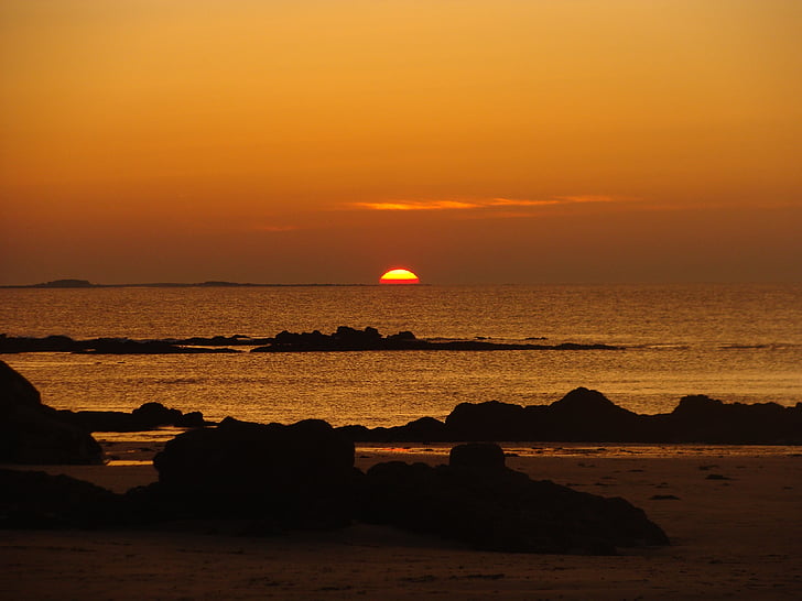 sky, sunset, sea, rocks, sun, beach, evening