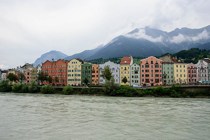 Domy, kolorowe, kolorowe domy, Architektura, fasada, Inn, Innsbruck