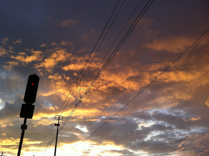 Demiryolu, sinyal, akşam, bulutlar, gökyüzü, günbatımı, Akşam gökyüzü