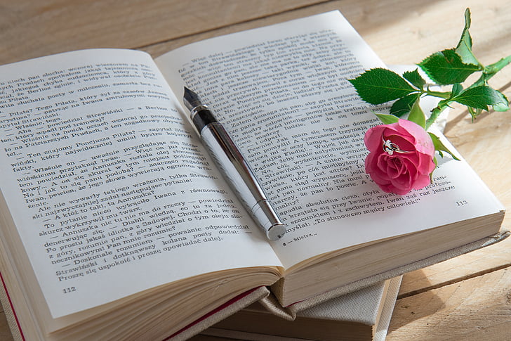 livro, levantou-se, caneta, anel, amor, romântico, história de amor
