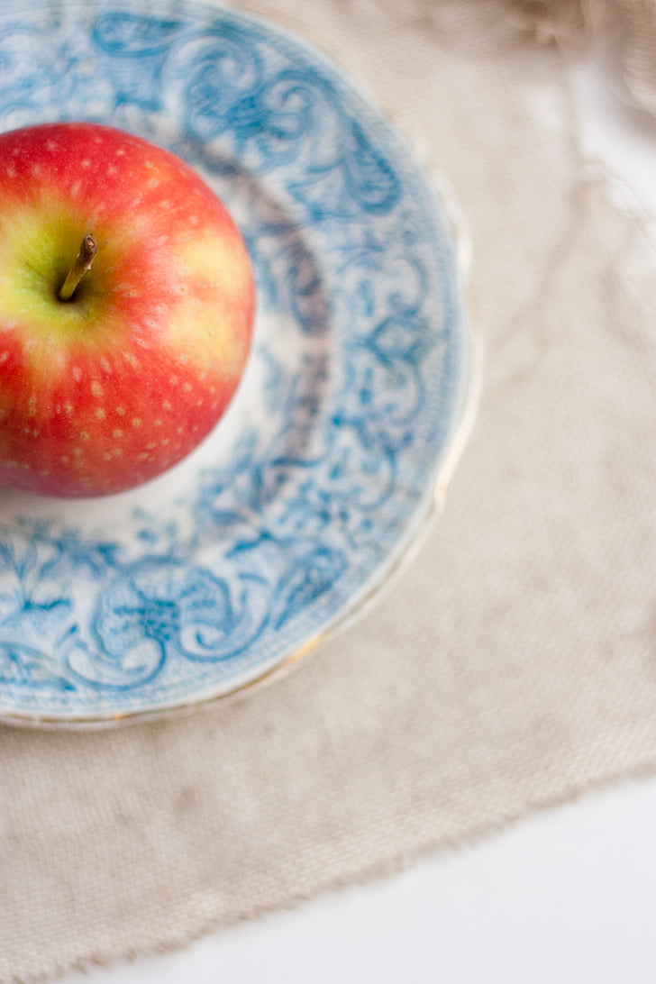 red, apple, blue, floral, plate, fruits, healthy