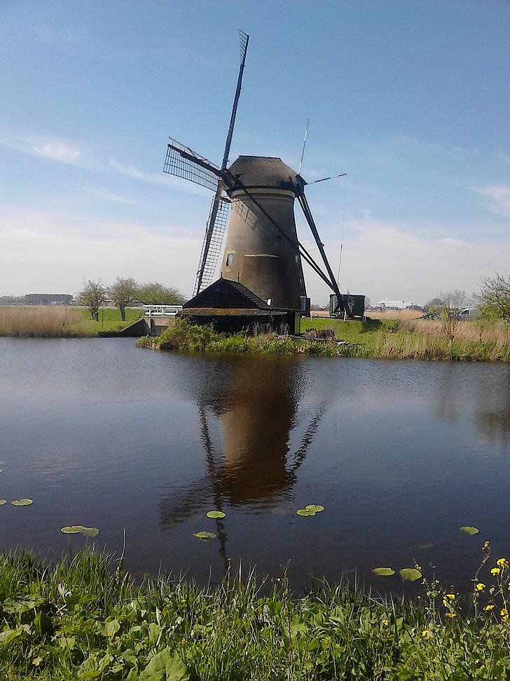 мелница, Холандия, Kinderdijk, река, отражение