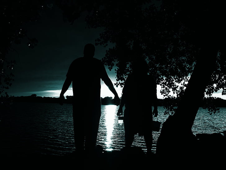 silhouet, Lake, zomer, nacht, back-lit, mensen, mannen