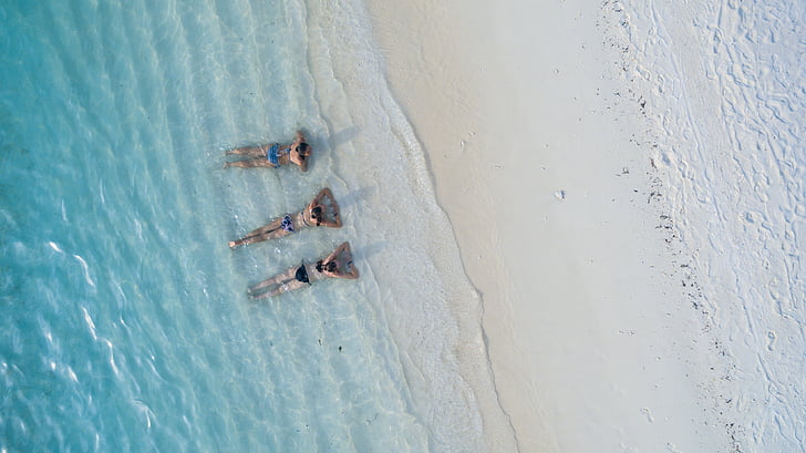 повітряні, Фотографія, три, люди, Сонячні ванни, пляж, берег