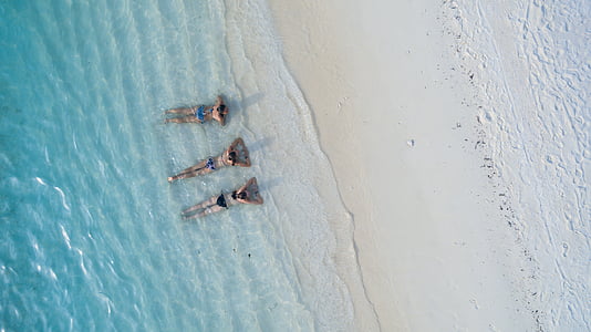 aerial, photography, three, people, sunbathing, beach, shore