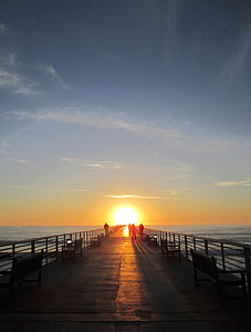 jetty, pier, wooden, sunset, people, strolling, walking