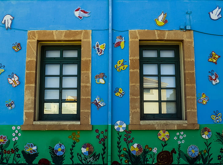 Windows, colorido, escola, jardim de infância, flores, borboletas, aves