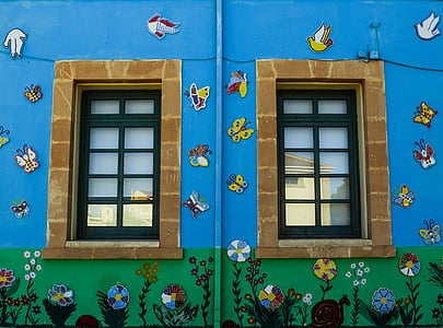 windows, colorful, school, kindergarten, flowers, butterflies, birds