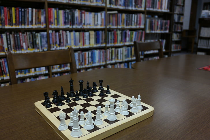 bibliotek, schack, schackbräde, böcker